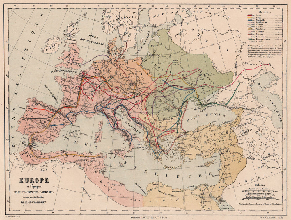 EUROPE BARBARIAN INVASIONS/Migration.Huns Goths Vandals Saxons Lombards 1880 map