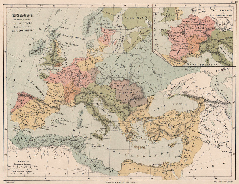 500AD EUROPE & inset Frankish Kingdom at the death of Clovis 1880 old map