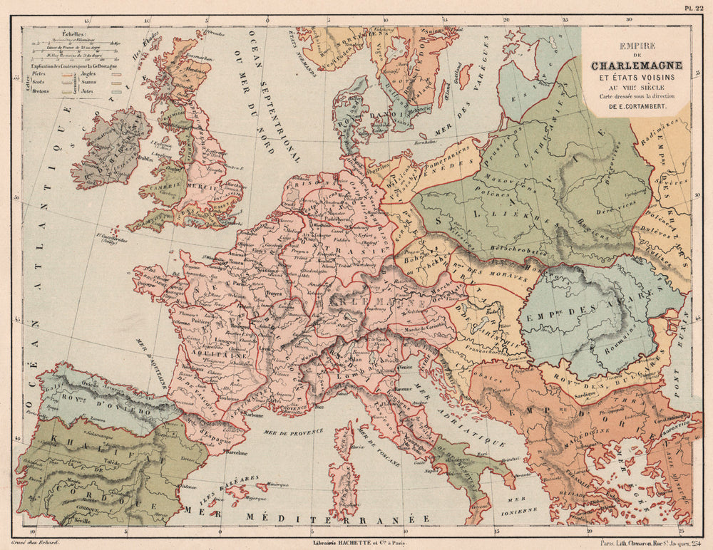 8TH CENTURY EUROPE. CAROLINGIAN EMPIRE. Empire of Charlemagne 1880 old map