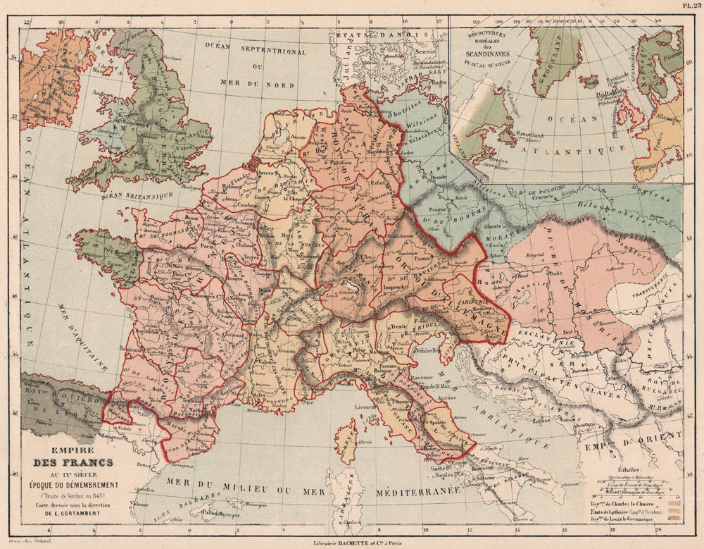 9C EUROPE. Frankish Empire break-up. Viking North American discoveries 1880 map