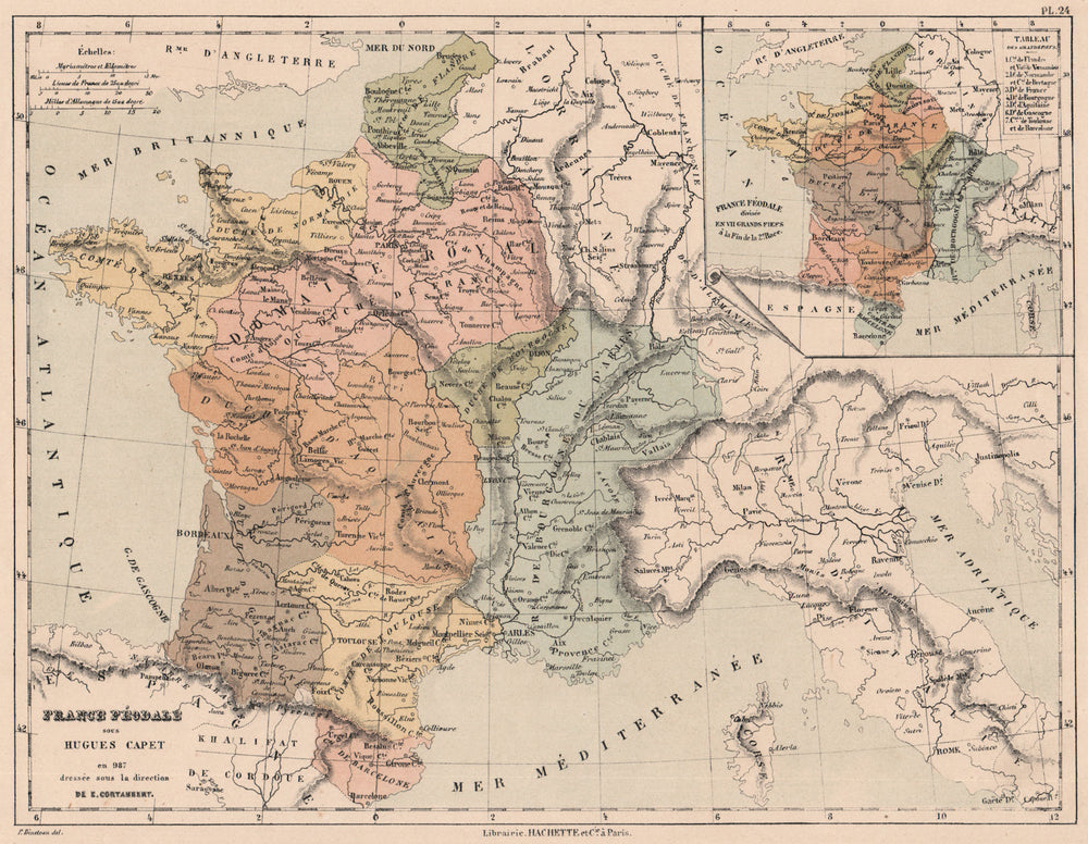 FRANCE IN 987. Feudal France under Hugh Capet. Divided into 7 fiefdoms 1880 map