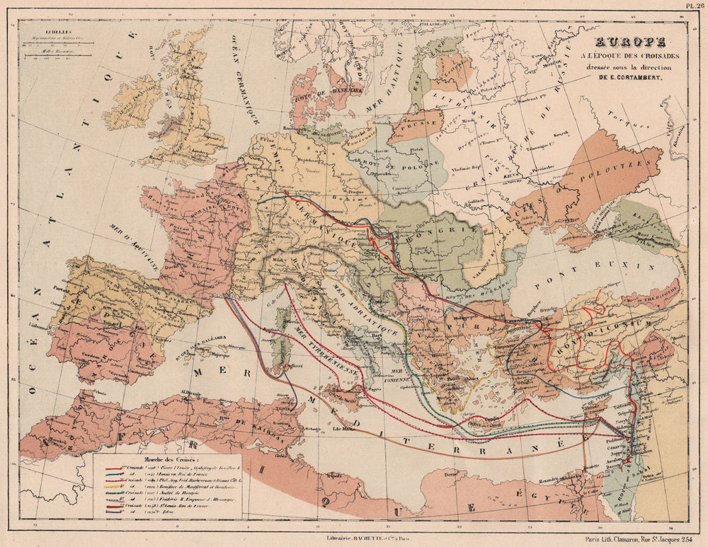 CRUSADES 1096-1270. Showing the 1st-8th Crusades. Europe to Holy Land 1880 map