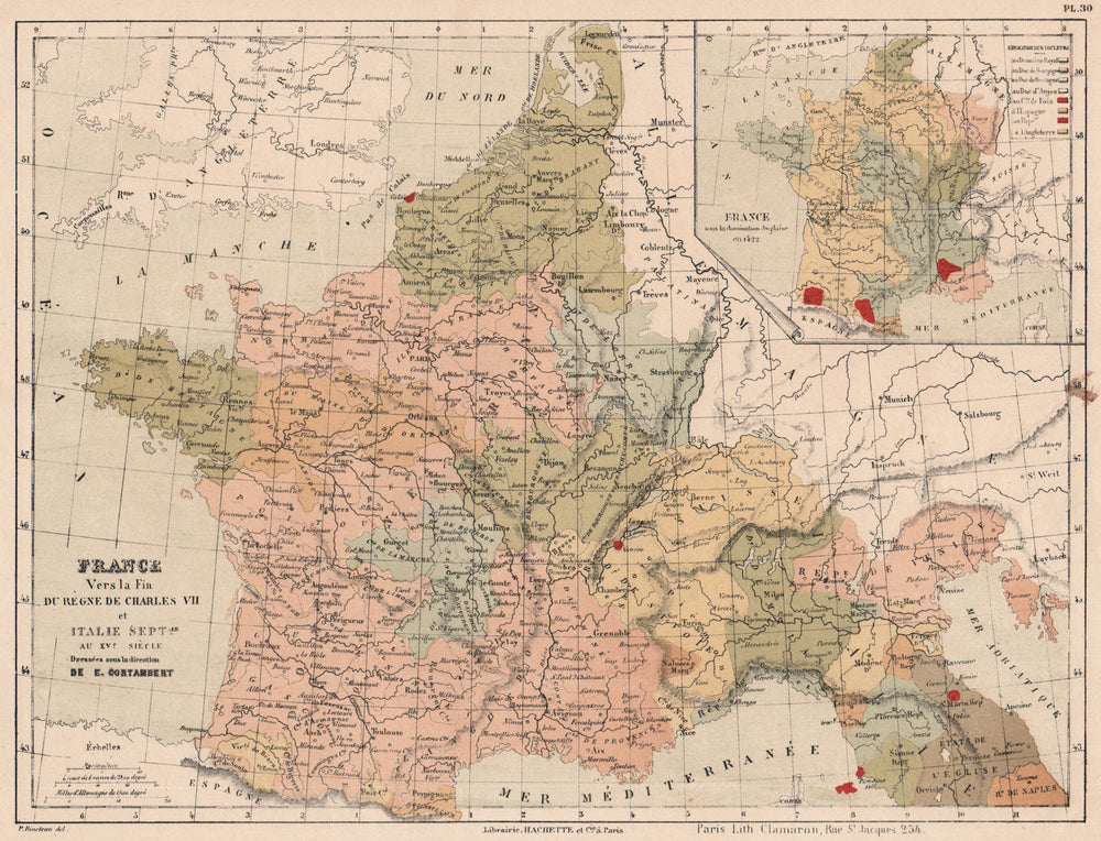 15C FRANCE under Charles VII. Inset English domination in 1422 1880 old map
