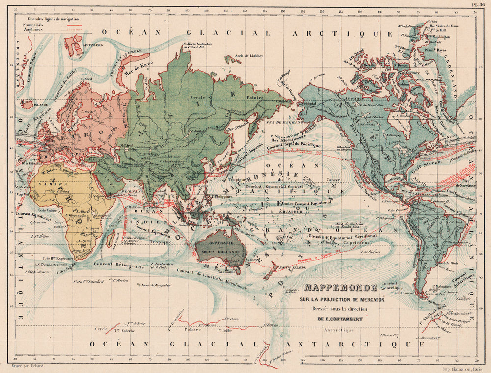 WORLD ON MERCATOR'S PROJECTION showing English & French shipping routes 1880 map