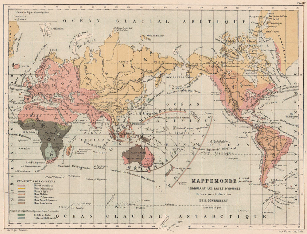 WORLD RACIAL/ETHNIC showing the races of Man. Causasian Mongoloid Negro 1880 map