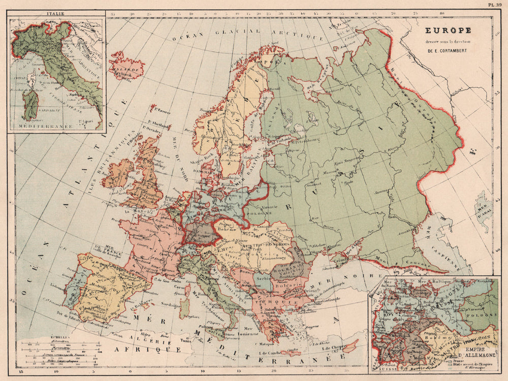 EUROPE POLITICAL. Inset Italy; German Empire. CORTAMBERT 1880 old antique map