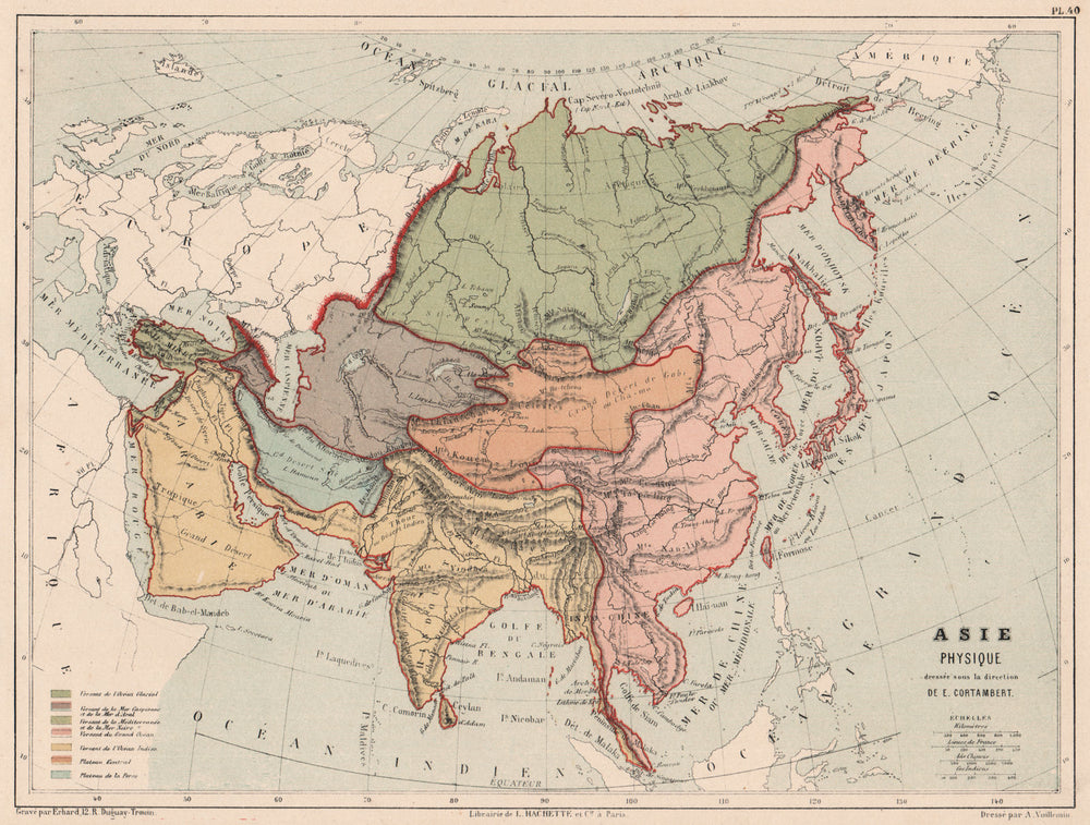ASIA WATERSHEDS into Arctic Indian Pacific Oceans Mediterranean 1880 old map