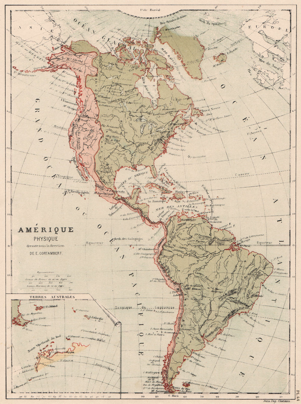 AMERICAS WATERSHEDS/drainage divides into Atlantic Pacific oceans 1880 old map