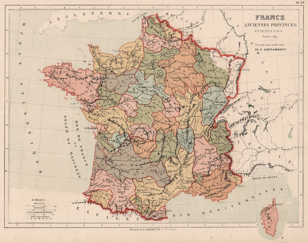 FRANCE showing provinces <1789. CORTAMBERT 1880 old antique map plan chart