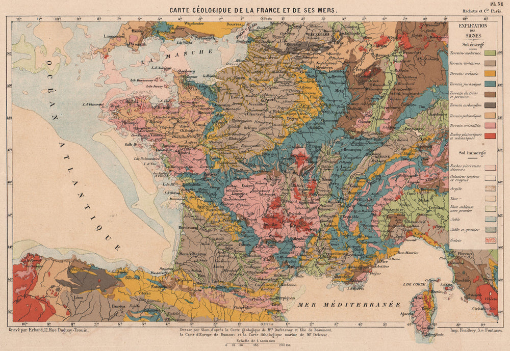FRANCE GEOLOGICAL. Geological map of France and its seas. CORTAMBERT 1880
