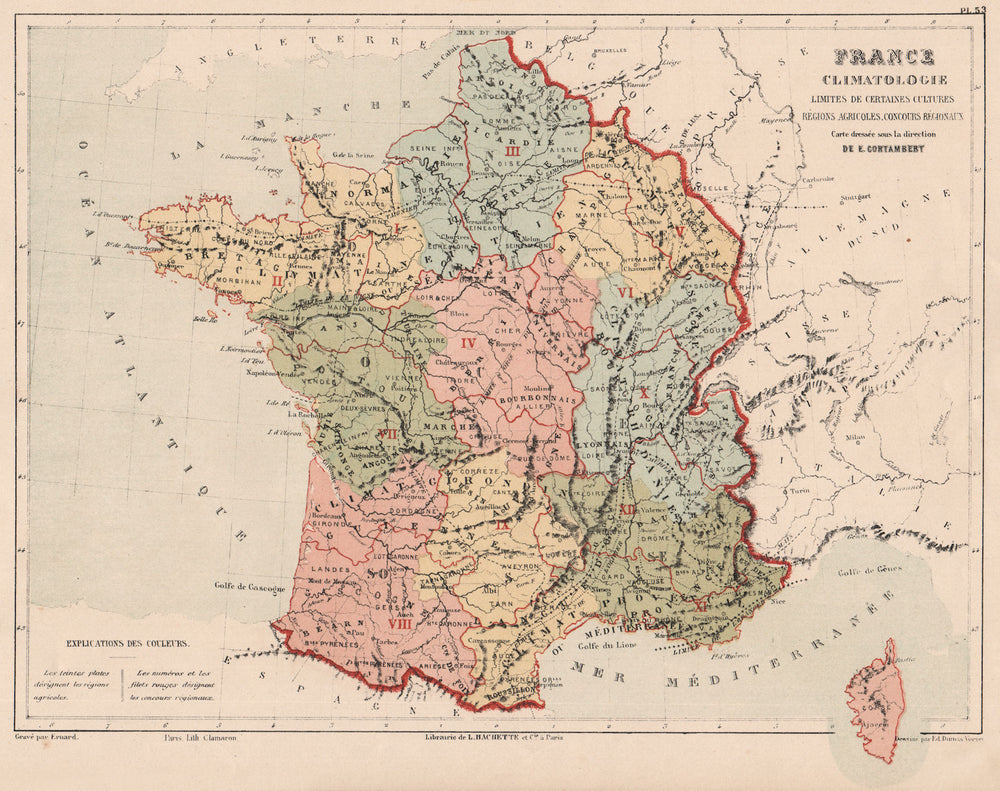 FRANCE CLIMATE Climatology showing limits of crops/agricultural regions 1880 map