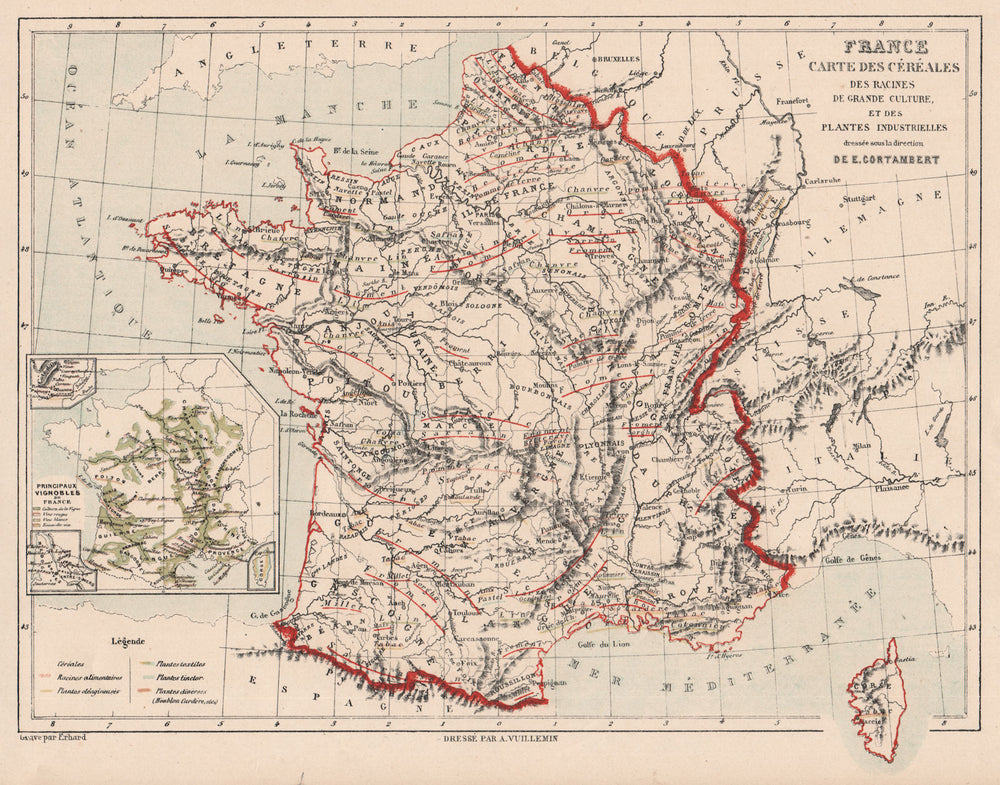 FRANCE AGRICULTURAL Grains wine viticulture vineyards crops vignobles 1880 map