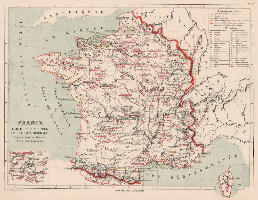 FRANCE ROCK TYPES & MINERAL WATER SOURCES. Carrières. Eaux Minérales 1880 map