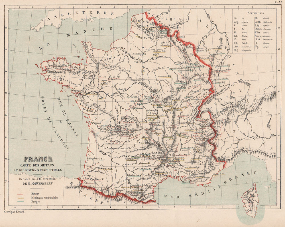 FRANCE METAL & MINERAL RESOURCES. Métaux Minéraux. Coal oil Iron Gold 1880 map
