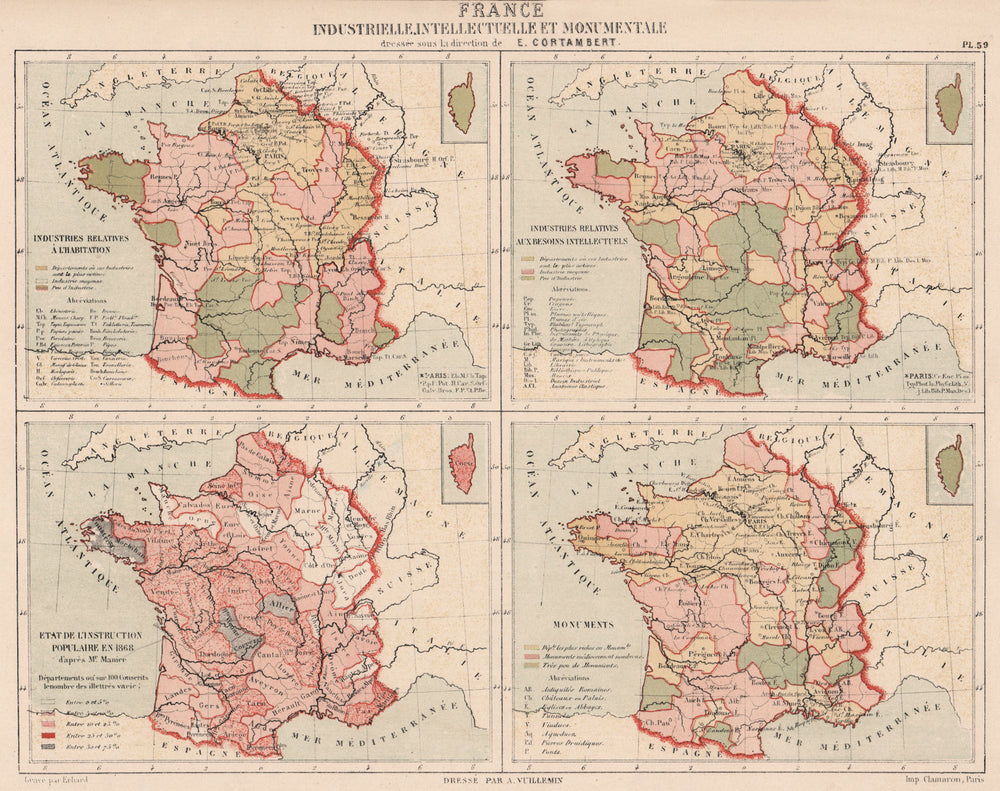 FRANCE Intellectual Industrial Monumental Educational. Industrielle 1880 map