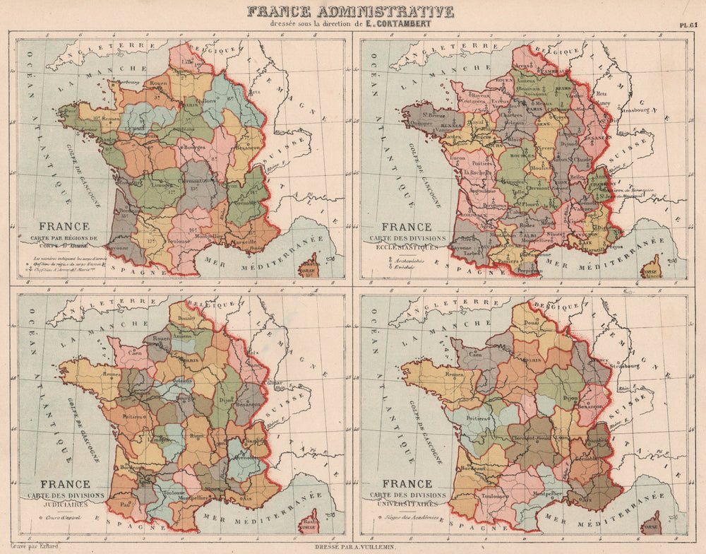 FRANCE ADMINISTRATIVE Army/Ecclesiastical/Judicial/University divisions 1880 map