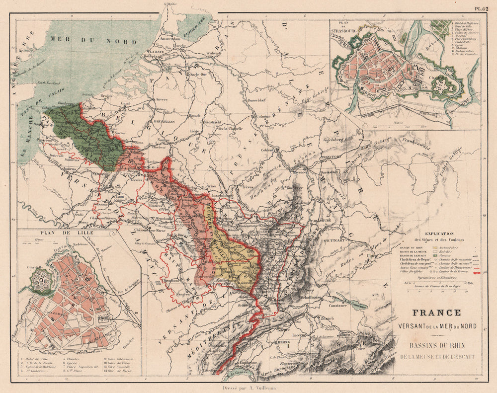 FRANCE NORTH SEA MER DU NORD WATERSHED Rhine Meuse Escaut/Scheldt basin 1880 map