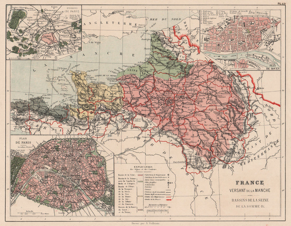 FRANCE MANCHE ENGLISH CHANNEL WATERSHED. Seine Somme Orne Rance basins 1880 map