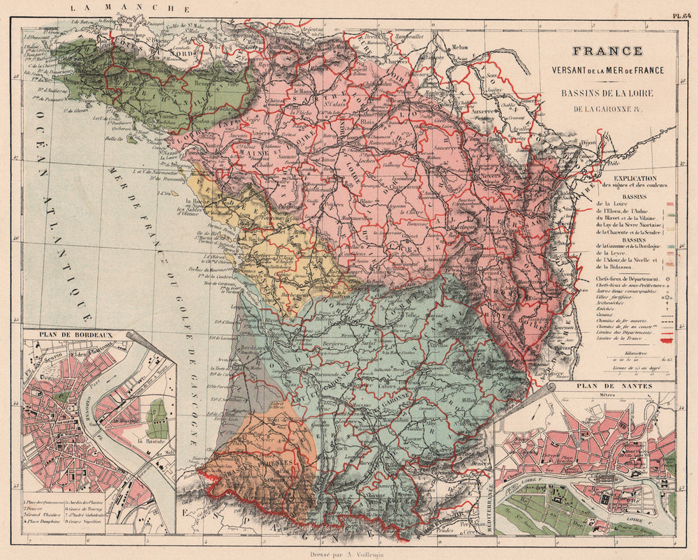 FRANCE BAY OF BISCAY WATERSHED. Loire Garonne Dordogne Leyre basins 1880 map