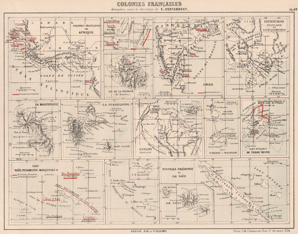 Colonies Françaises Afrique Inde Cochinchine Antilles Polynesie Reunion 1880 map