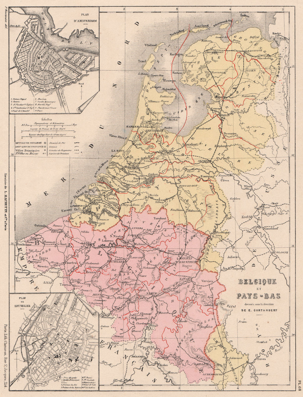 Belgium and the Netherlands. Inset Amsterdam & Brussels plans. Belgique 1880 map