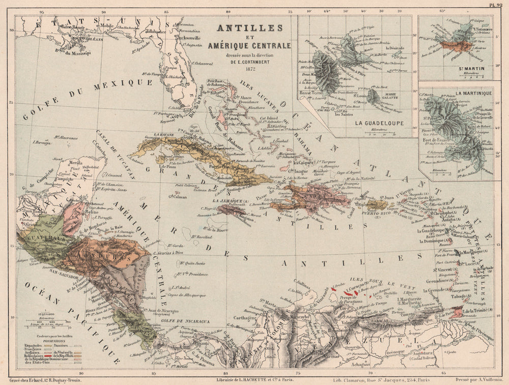 CARIBBEAN. Inset Antilles françaises Guadeloupe St. Martin Martinique 1880 map