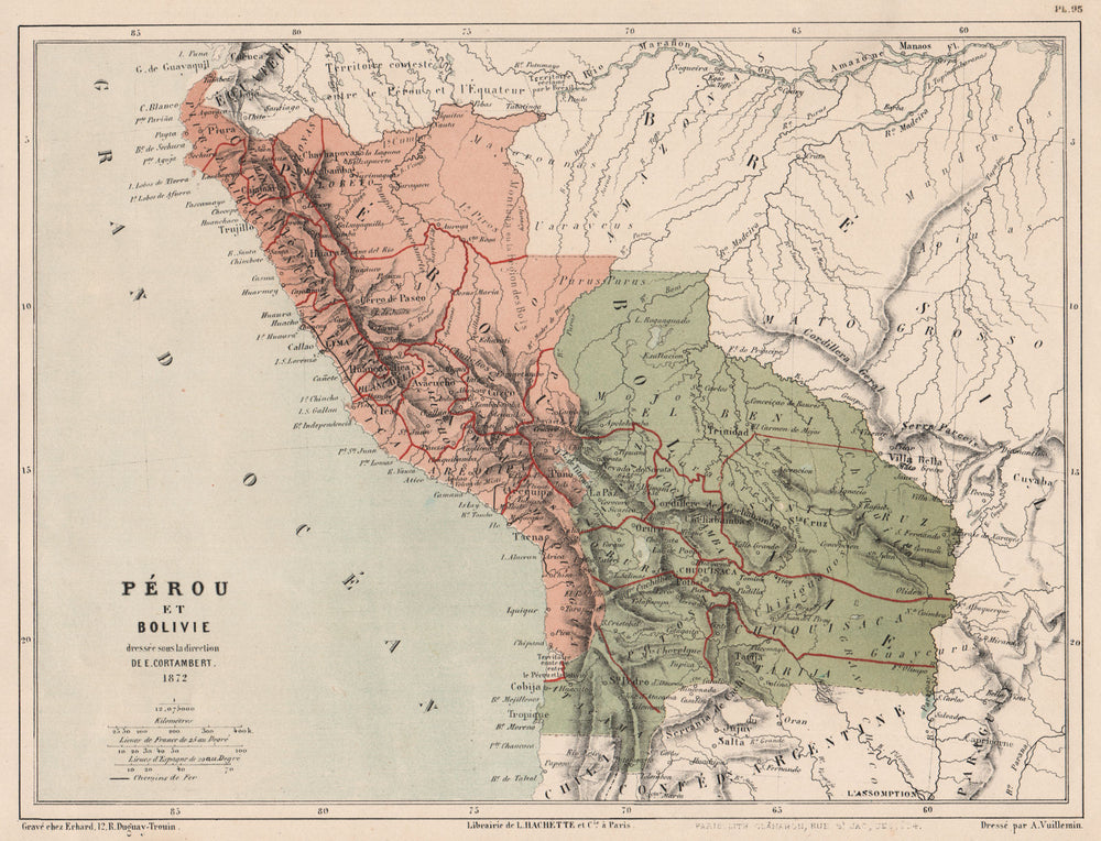 PERU & BOLIVIA with Littoral pre- War of the Pacific. Pérou et Bolivie 1880 map