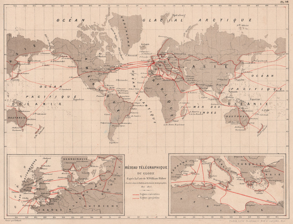 WORLD TELEGRAPH CABLES. Network. In operation & projected. CORTAMBERT 1880 map