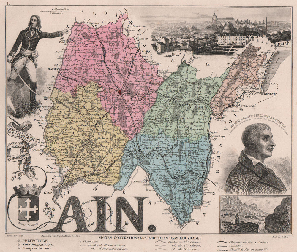 AIN. Département. Bourg-en-Bresse. Joubert. Bichat. VUILLEMIN 1879 old map