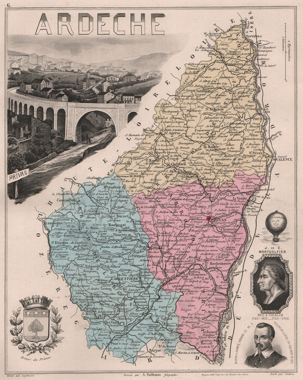 ARDÈCHE. Département. Privas. Montgolfier. de Serres. VUILLEMIN 1879 old map