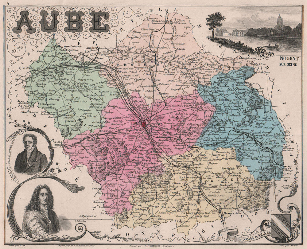 AUBE. Département. Nogent sur Seine. Mignard. Thénard. VUILLEMIN 1879 old map