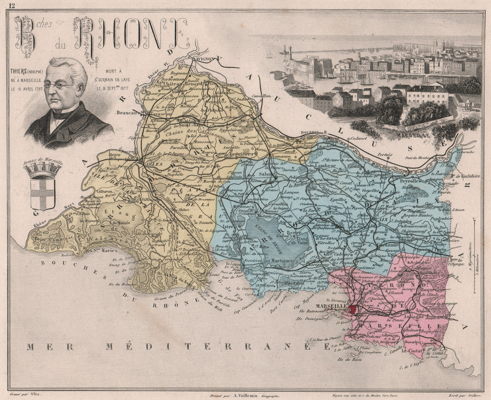 BOUCHES-DU-RHÔNE. Département. Marseille. Thiers. VUILLEMIN 1879 old map