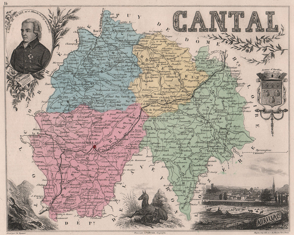 CANTAL. Département. Aurillac. de Pradt. VUILLEMIN 1879 old antique map chart