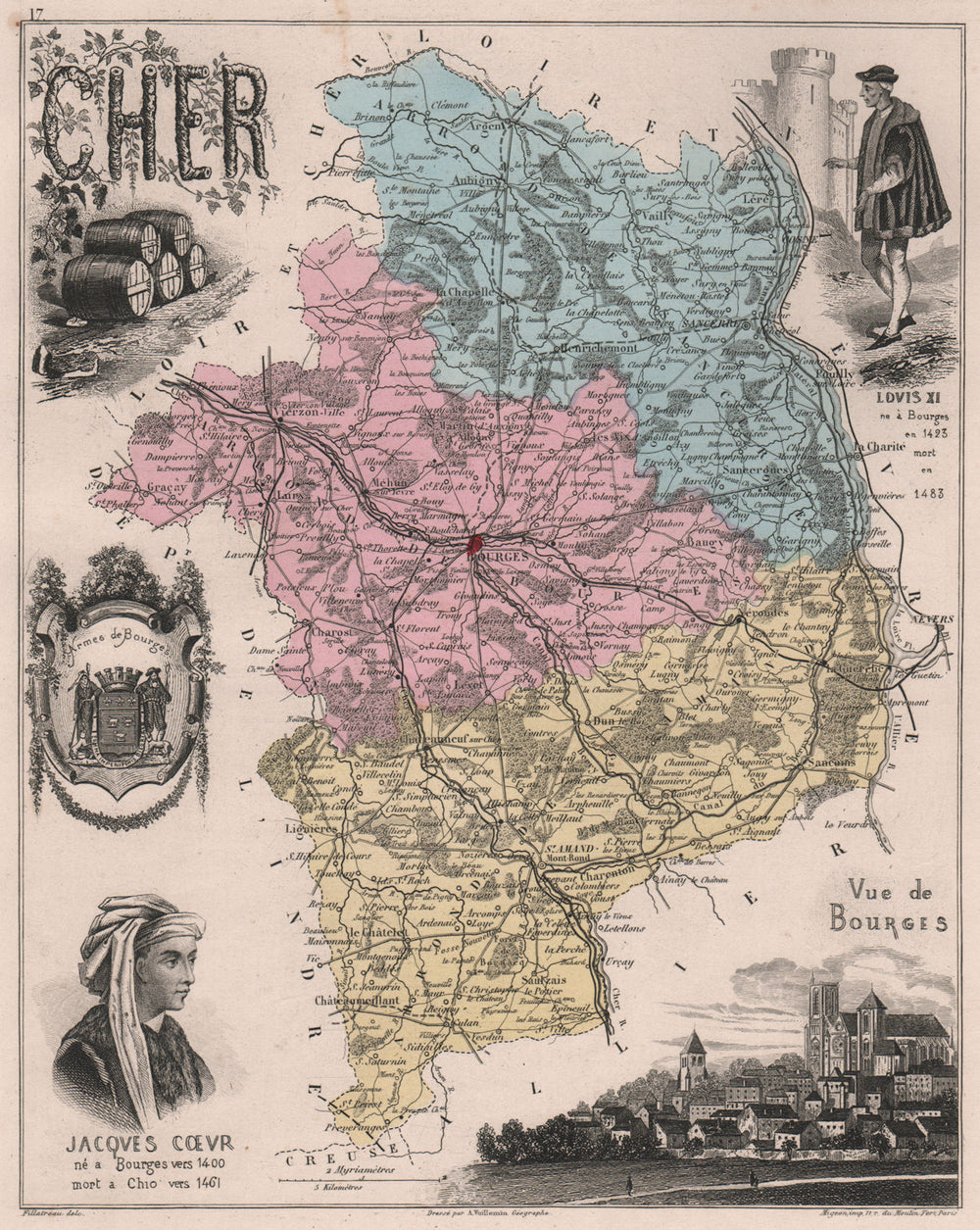 CHER. Département. Bourges. Couer. Louis XI. VUILLEMIN 1879 old antique map