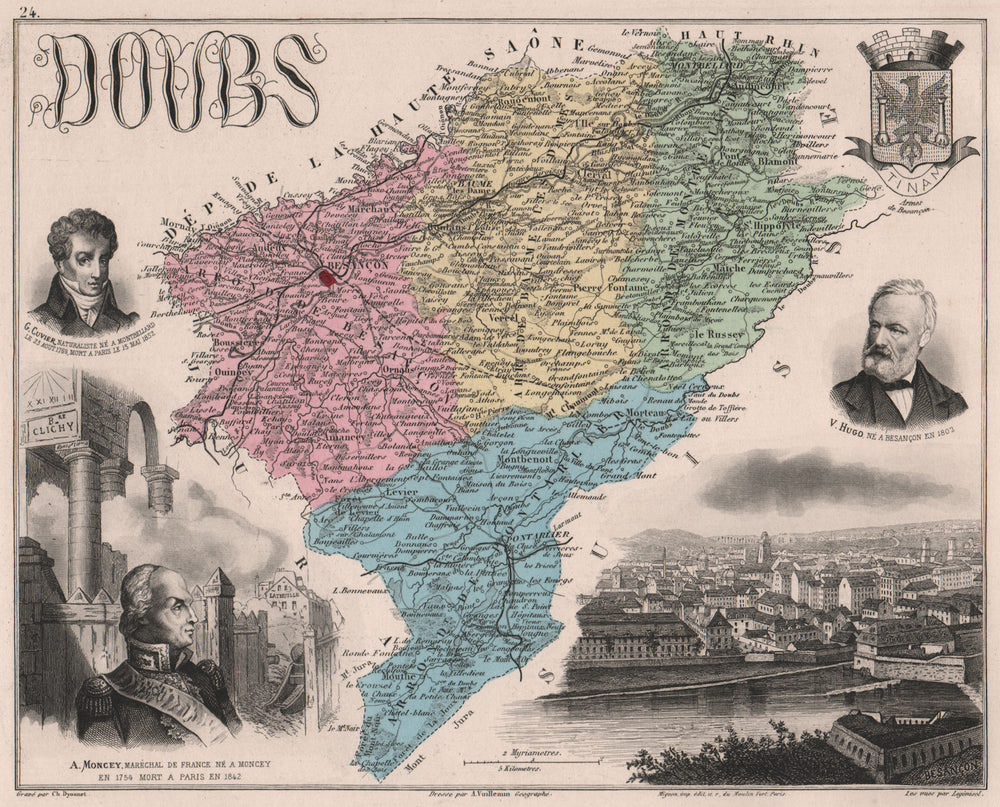 DOUBS. Département. Besançon. Hugo. Cuvier. VUILLEMIN 1879 old antique map