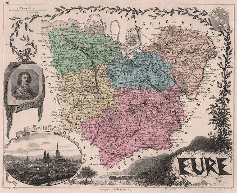 EURE. Département. ‍Évreux. Poussin. VUILLEMIN 1879 old antique map plan chart