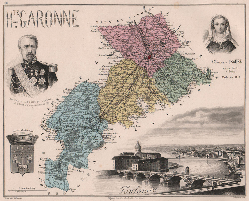 HAUTE-GARONNE. Département. Toulouse. Niel. Isaure. VUILLEMIN 1879 old map