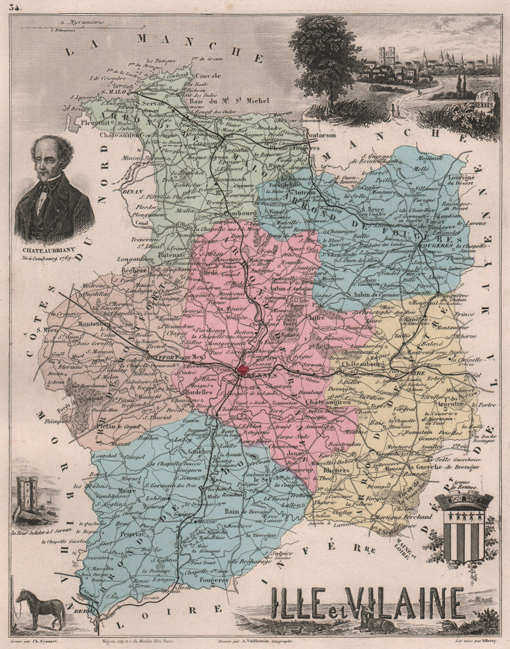 ILLE-ET-VILAINE. Département. Rennes. Chateaubriant. VUILLEMIN 1879 old map