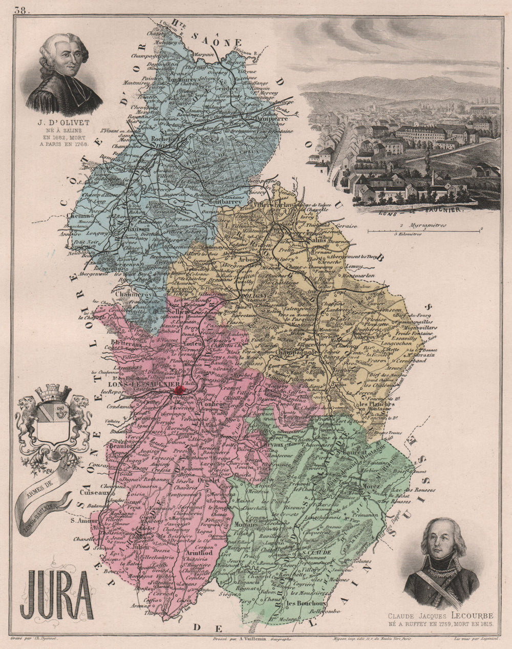 JURA. Département. Lons-le-Saunier. d'Olivet. Lecourbe. VUILLEMIN 1879 old map