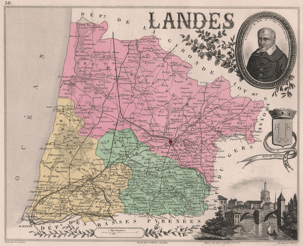LANDES. Département. Mont-de-Marsan. Vincent de Paul. VUILLEMIN 1879 old map