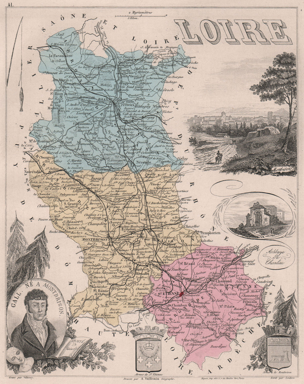 LOIRE. Département. Montbrison. Gall. VUILLEMIN 1879 old antique map chart