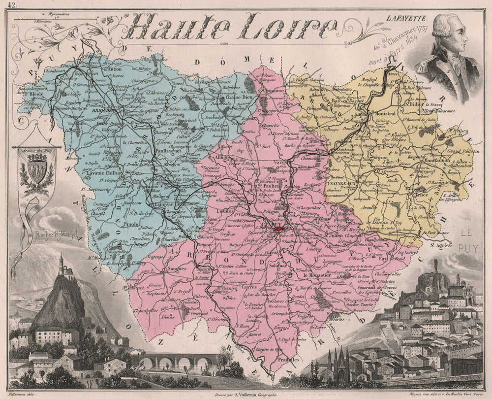 HAUTE-LOIRE département. ‍Le Puy-en-Velay. Lafayette. VUILLEMIN 1879 old map