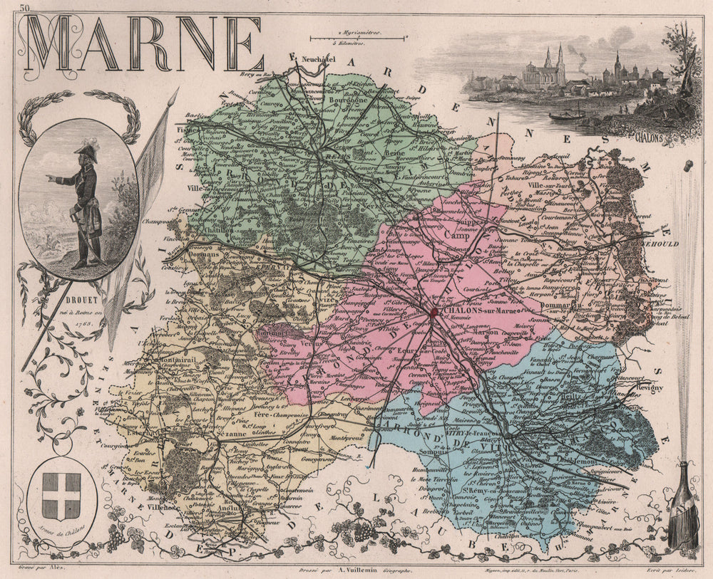MARNE département. ‍Châlons Drouet. Champagne bottle popping.VUILLEMIN 1879 map
