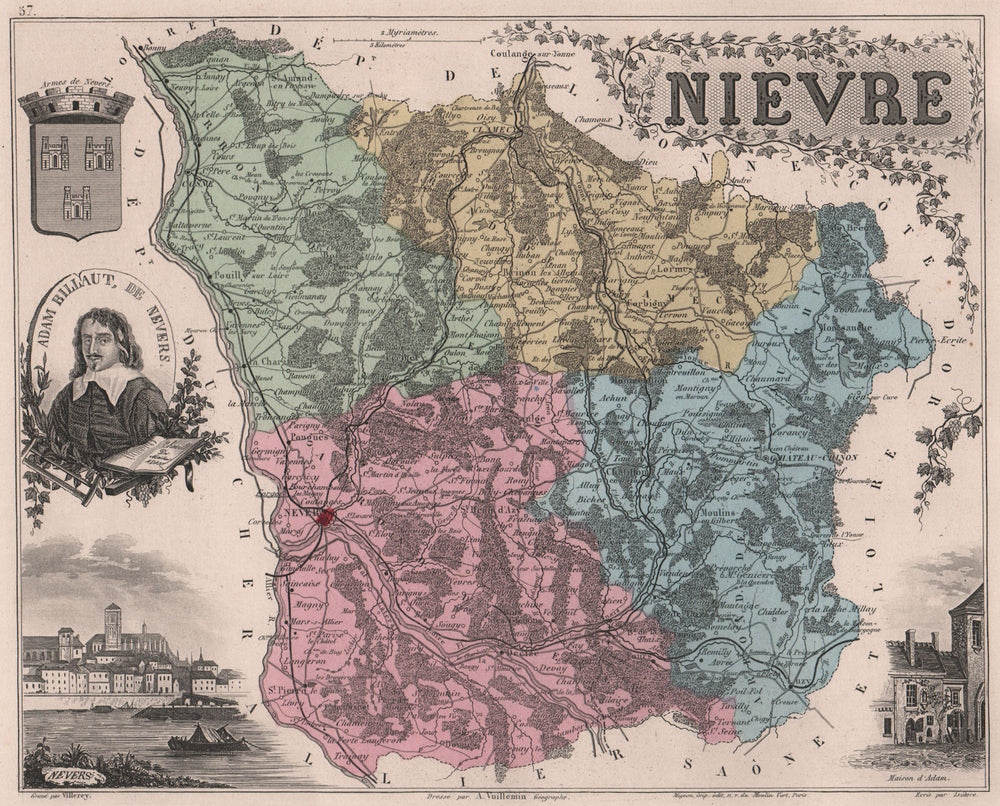 NIÈVRE. Département. Nevers. Billaut. VUILLEMIN 1879 old antique map chart