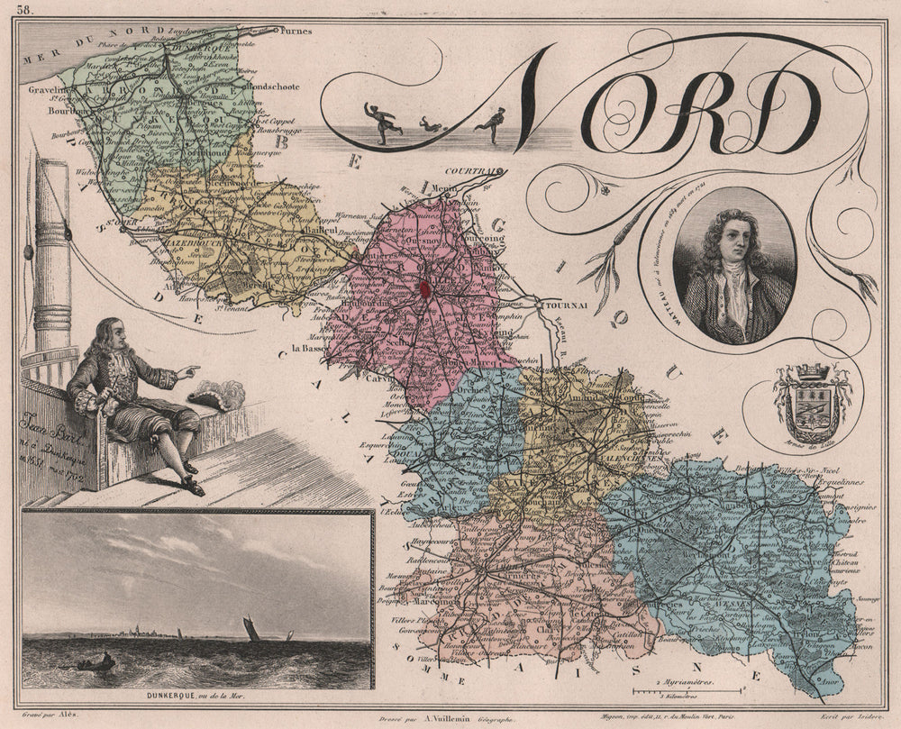 NORD. Département. Dunkerque. Bart. Watteau. VUILLEMIN 1879 old antique map