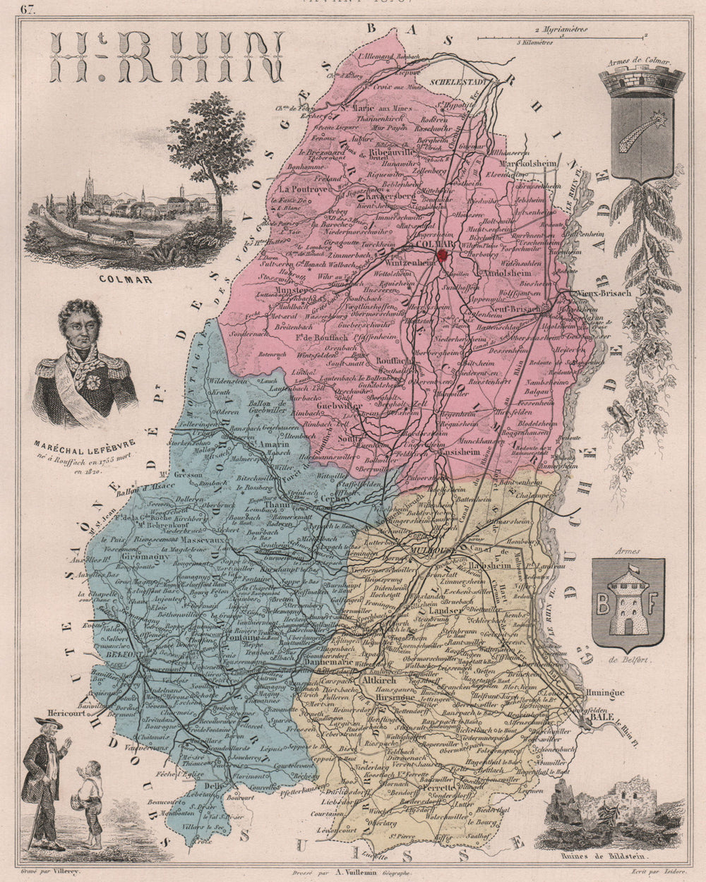 HAUT-RHIN avant/before 1870. Département. Colmar. Lefèbvre. VUILLEMIN 1879 map