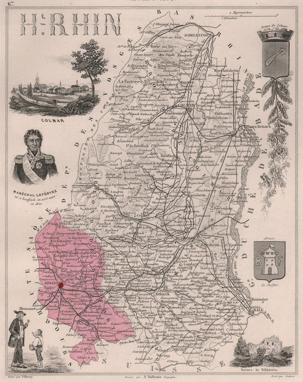 HAUT-RHIN après/after 1870. Département. Colmar. Lefèbvre. VUILLEMIN 1879 map