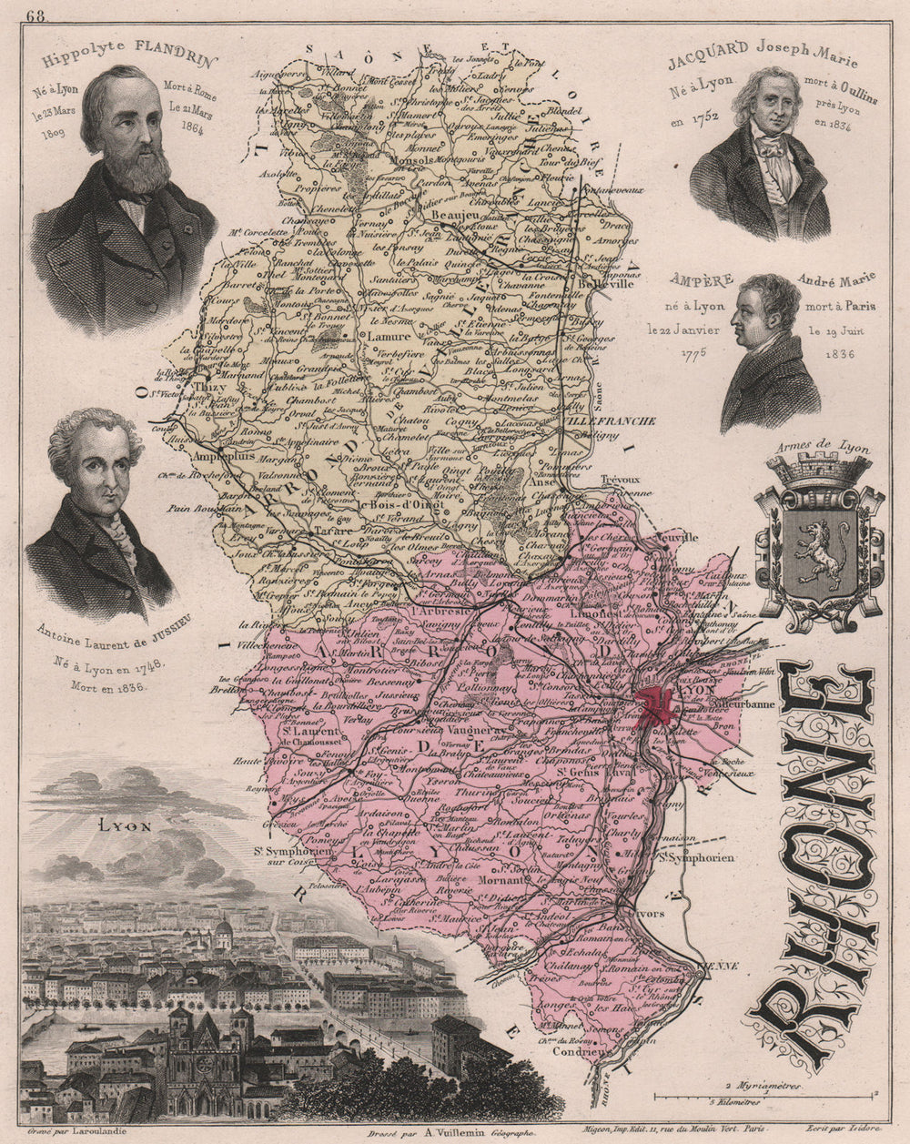 RHÔNE. Département. Lyon. Flandrin. Jacquard. Ampere. VUILLEMIN 1879 old map