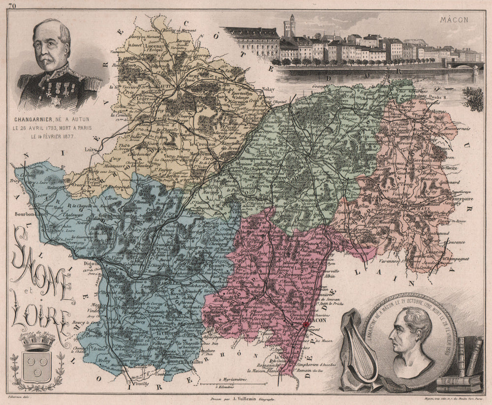 SAÔNE-ET-LOIRE. Département. ‍Mâcon. Changarnier. VUILLEMIN 1879 old map