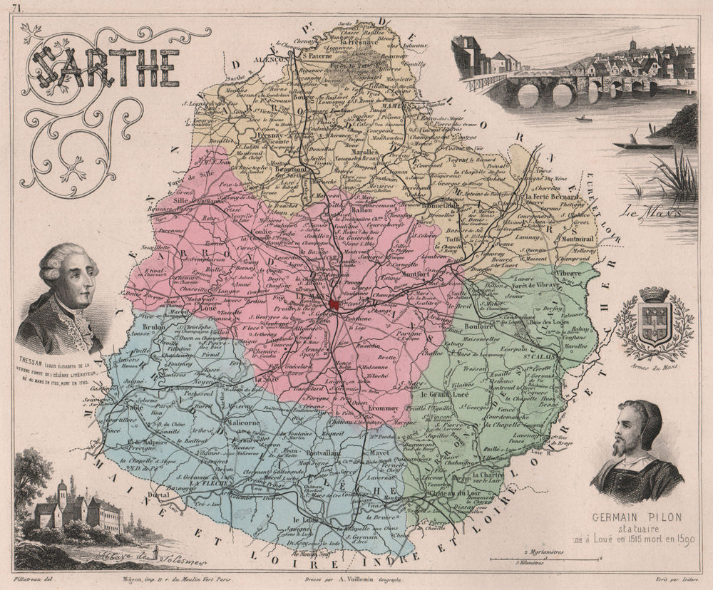 SARTHE. Département. ‍Le Mans. Tressan. Pilon. VUILLEMIN 1879 old antique map